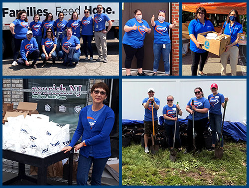 A collage of pictures showing various employees participating in food insecurity related volunteer opportunities.