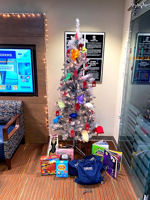 Pictured is our fully decorated Giving Tree at our Binghamton East, NY office.