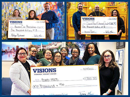 Visions Social Media Administrator, Micah, and Community Development Liaison, Jocelyn, present organizations in our regions each with $1,000 jumbo checks for International Credit Union Day.