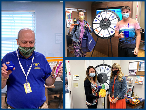 A collage of photos showing local teachers from Harpursville, Maine-Endwell, and Union-Endicott high schools posing with Visions swag prizes for Teacher Appreciation Week.