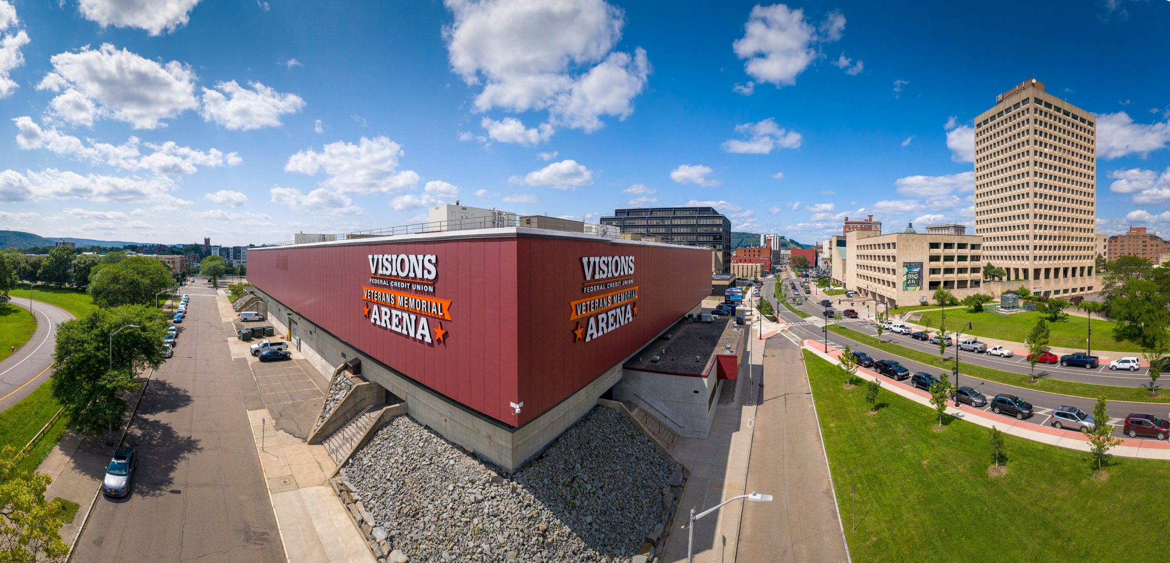Outdoor photo taken from a drone of the Visions Veterans Memorial Arena.