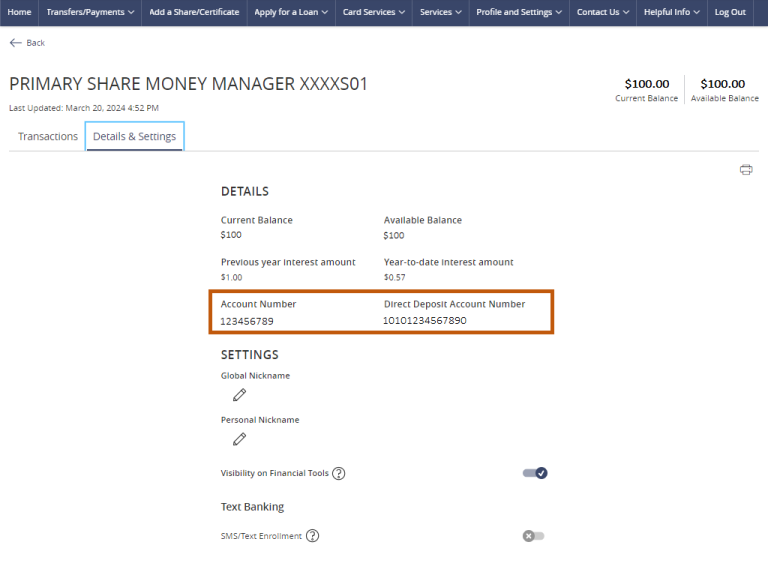 screenshot of where members can find their account number in digital banking