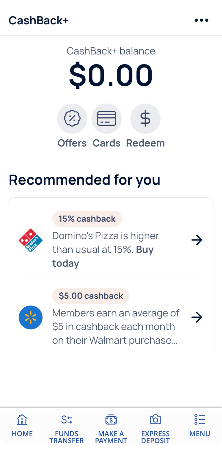 screenshot of CashBack+ in Digital Banking