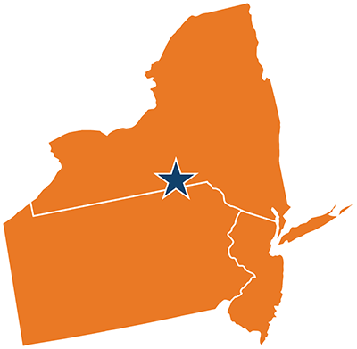 A map of Pennsylvania, New Jersey, and New York with a star indicating the location of Visions headquarters.