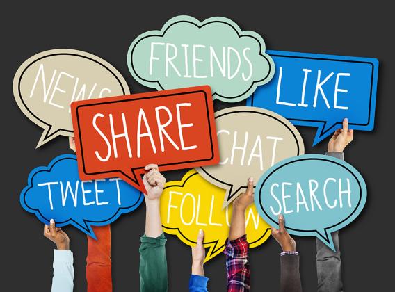speech bubbles with word like "Like" "Share" "Post" etc.