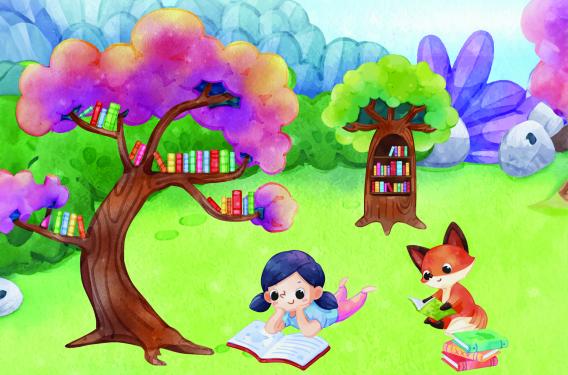 little girl and a fox reading books in a forest library