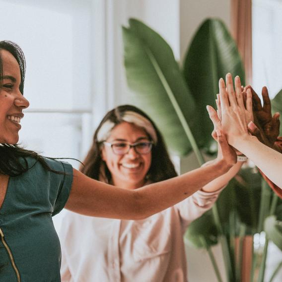 diverse business women high-fiving