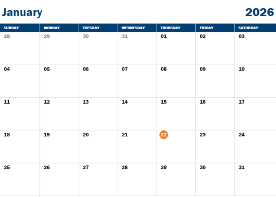 January 2026 calendar highlighting the 22nd