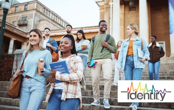 college students walking down staircase