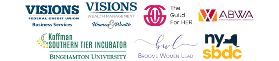 Visions Federal Credit Union Business Services, Visions Wealth Management: Women & Wealth, Koffman Southern Tier Incubator, The Guild for HER, ABWA, NY SBDC, and Broome Women Lead logos