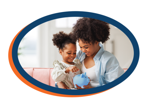 mother with child holding piggy bank