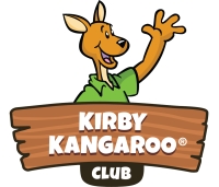 A cartoon kangaroo in front of a sign saying Kirby Kangaroo Club