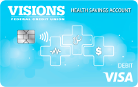HSA Debit Card Design, featuring blue and white cross icons, a Visions logo, and the words Health Savings Account.